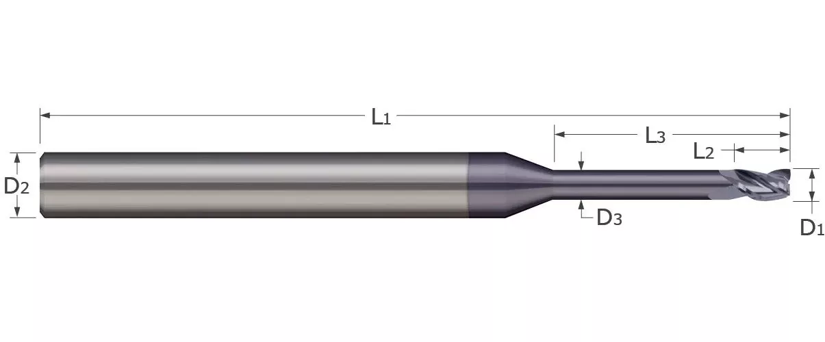 MICRO 100 MEF-062-750-3K Long Reach - Stub Flute Square End Mill, 0.0625 in Dia Cutter, 0.093 in Length of Cut, (3) Flutes, 0.125 in Dia Shank, 2 in OAL, NACRO